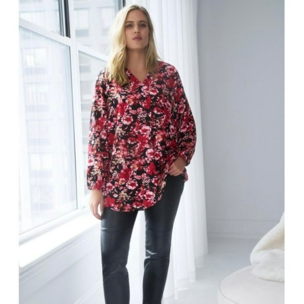 NEW Ellos Long Sleeve Inverted Pleat Tunic Shirt Women 18 20 Pink Black Floral